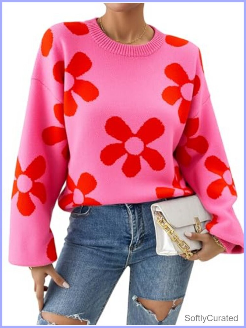 Floral Print Crewneck Long Sleeve Cable Knit Pullover Sweater